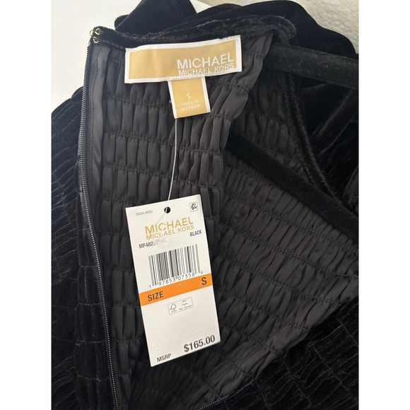 NEW Michael Kors Smocked Stretch Velvet Ruffle Mini Dress Black Small - Picture 2 of 8